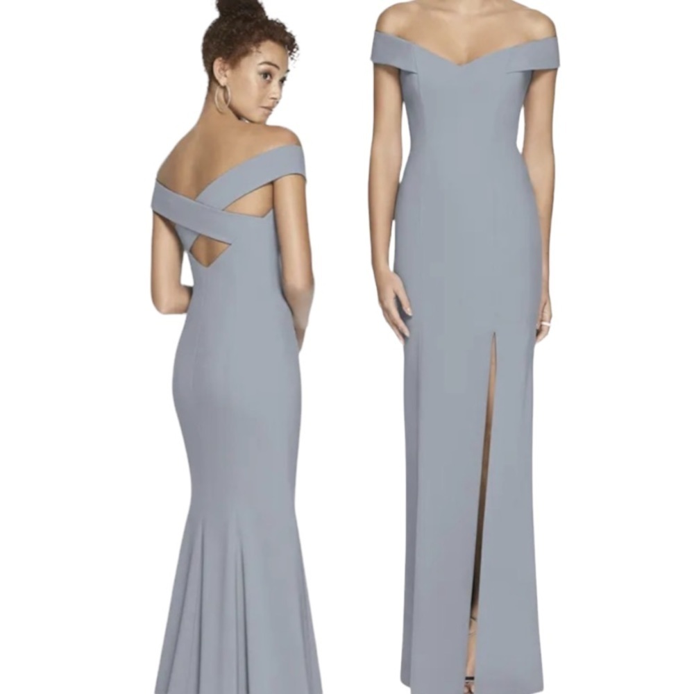 Dessy Off the Shoulder Criss Cross Back Trumpet Gown Platinum Sz 4